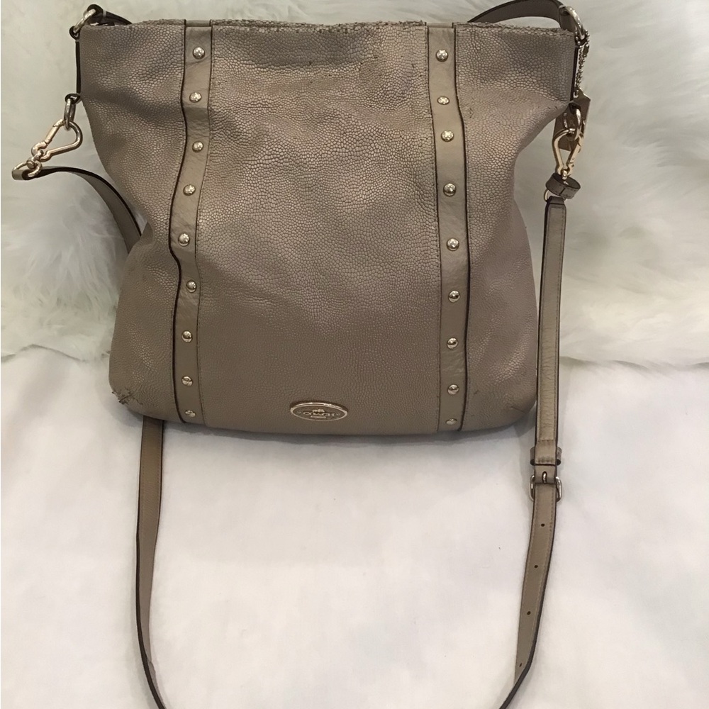 Coach Taupe Pebbled Leather Studded Shoulder Bag